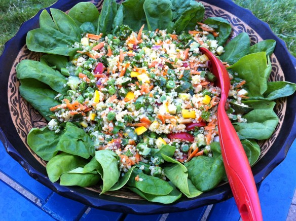 Tonight tabouli salad was also made with some grilled zucchini and served on a fresh bed of spinach