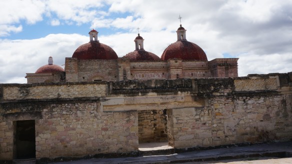 The roof of the cathedral behind the ruins.