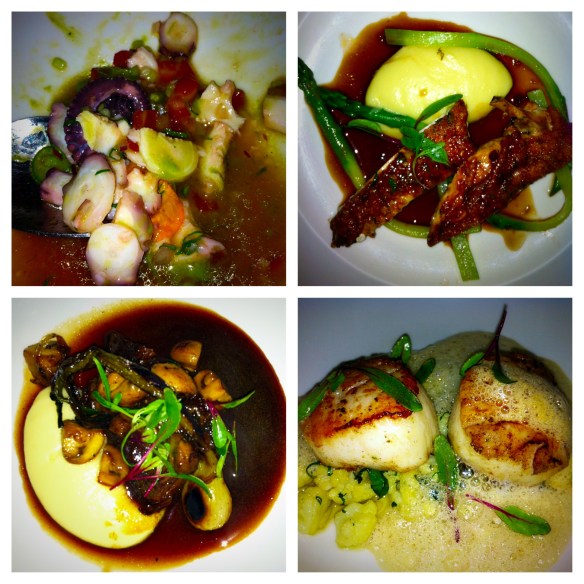 Just a sampling of our feast, scallops on a langosta foam chicken on a bed of papas cream short ribs octopus ceviche