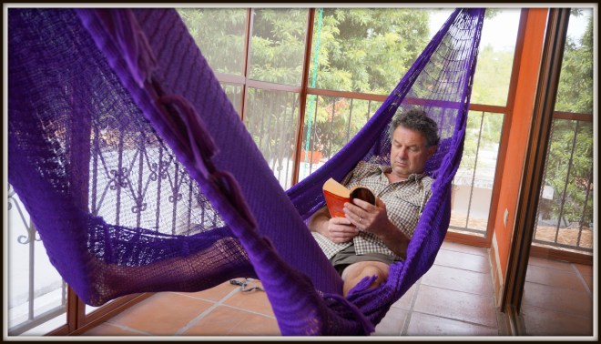 Both a mango and papaya trees created shade on this screened porch for restful reading in the hammock … someone needed to be using it while I created in the cocina … (kitchen)