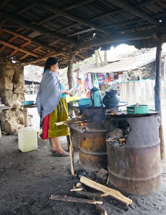 Quite the stove set up Maria has ….. and no cutting board, just cut everything right into her hand and then the pot.