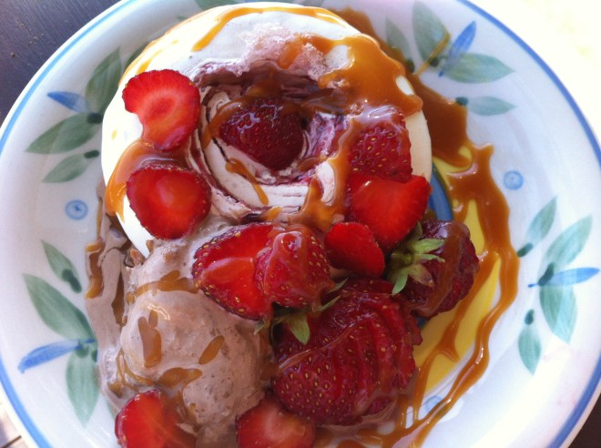The strawberries in the garden were ripe so we added a few to this treat, along with just a wee scoop of ice cream ….