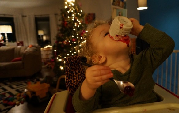 I wasn't fast enough to get a photo of the french toast, but I think you can tell how delicious the blueberry orange sauce is - Stella's spoon wasn't fast enough for her so she had to tip it up!!