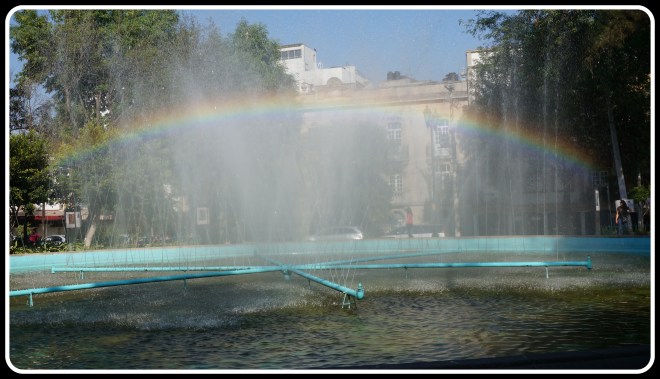 In any direction, within a few blocks, you will find a park. Again - statues, art installations and fountains. This one provided a rainbow today.