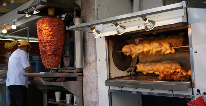 On pretty much any street it is easy to find Tacos Al Pastor, grilled pork with pineapple and onions, alongside the rotisserie chicken. Don't be afraid to try any of this - you definitely won't be sorry.